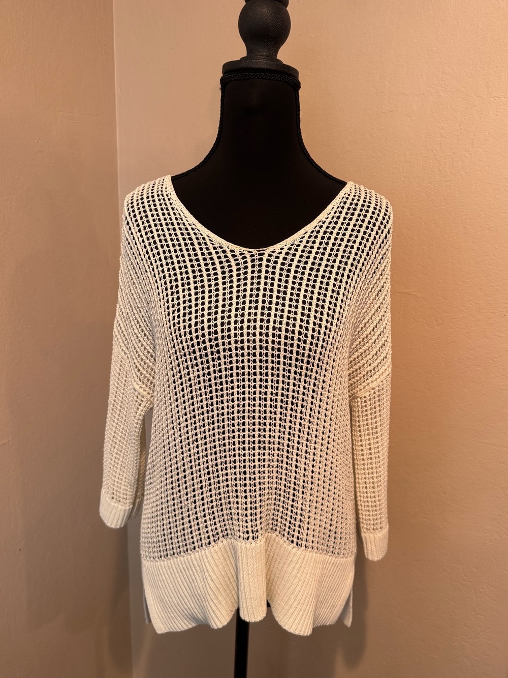 Women's Ivory Open Knit V-Neck Sweater with Ribbed Hem and Ribbed 3/4 Cuffs